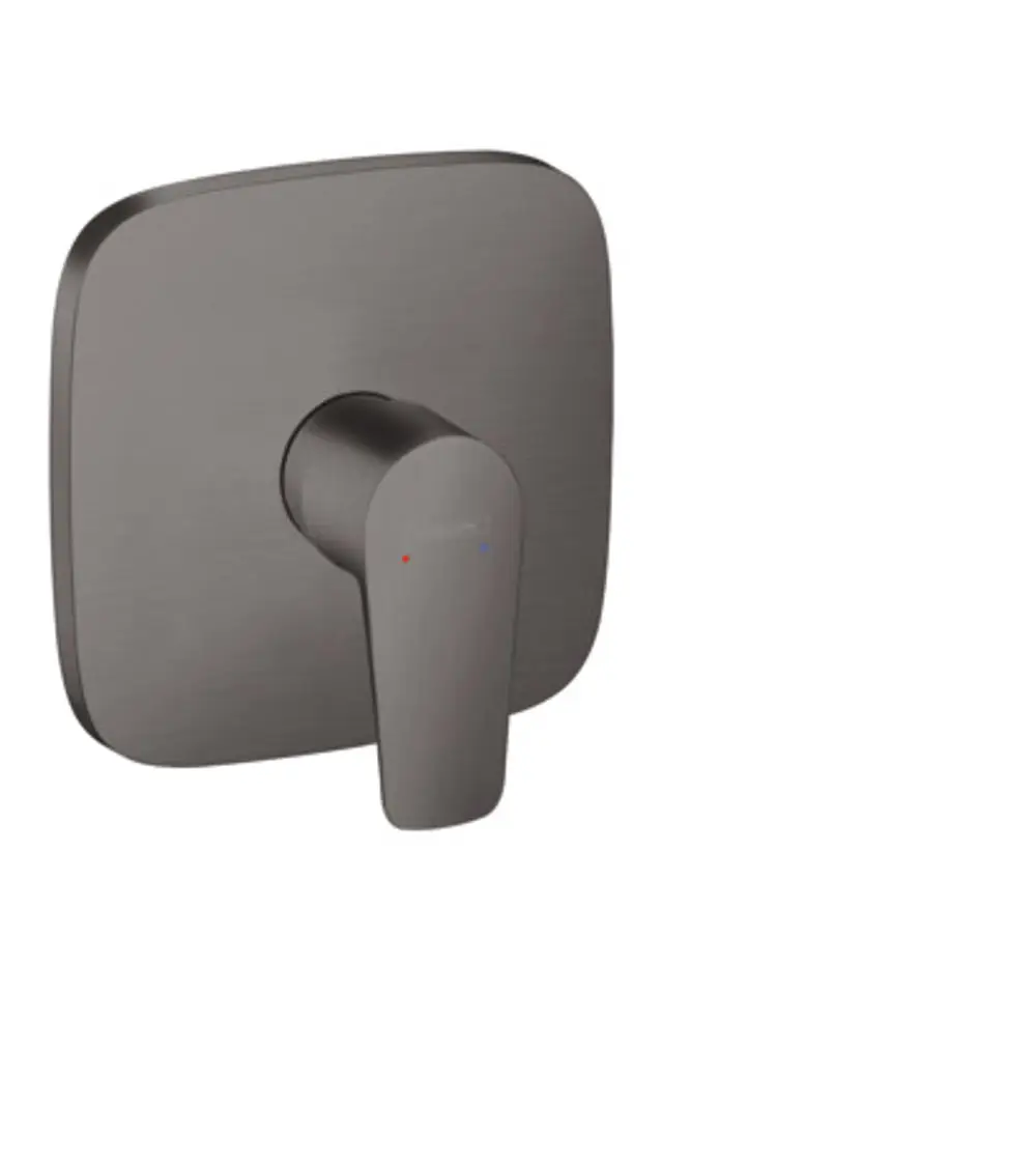 Einhebel-Brausemischer von Hansgrohe in Brushed Black Chrome, flache quadratische Wandplatte mit einem betätigenden Hebel und roten sowie blauen Markierungen für Warm- und Kaltwasser.